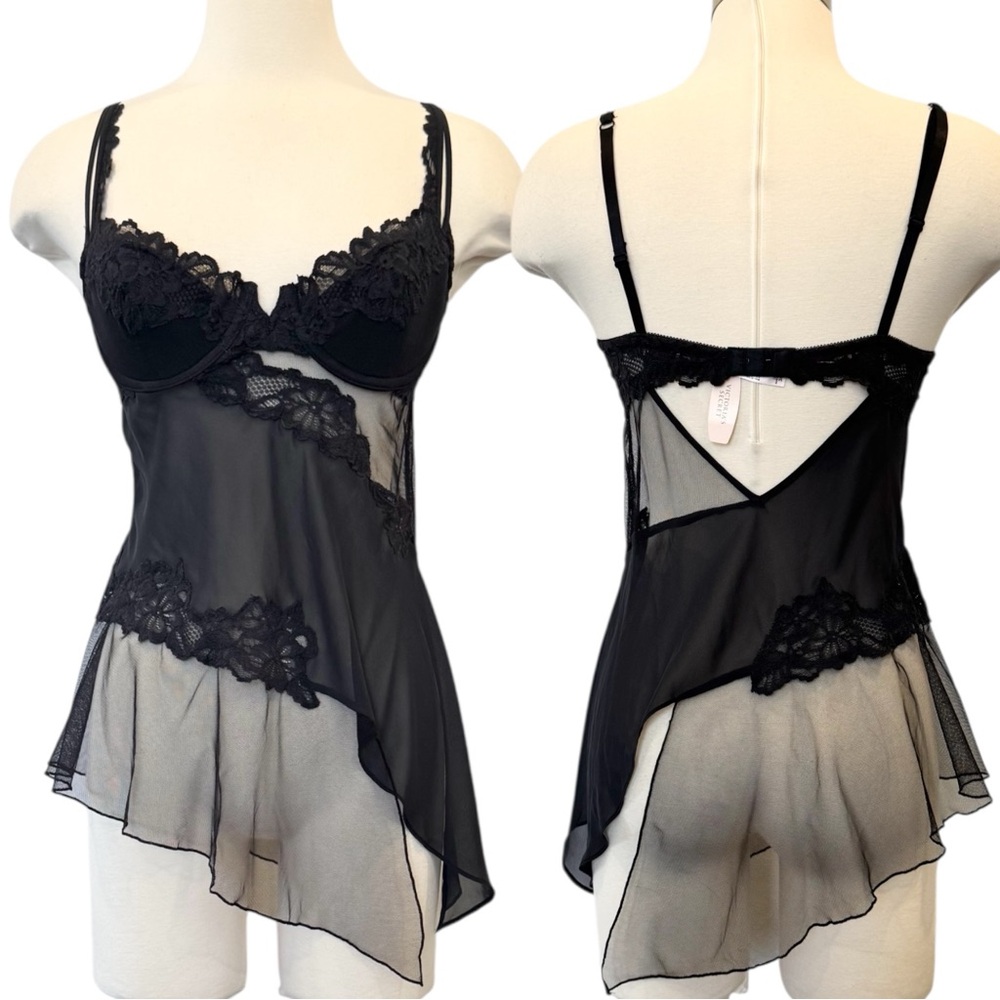 2003 Victoria’s Secret Silk Chiffon NWT Black Sheer Lace Babydoll Slip Dress 34C